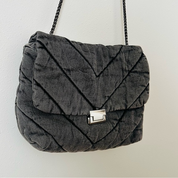 Zara Quilted Gray Denim Shoulder Bag Purse Chain Strap Handbag Crossbody - Picture 3 of 8